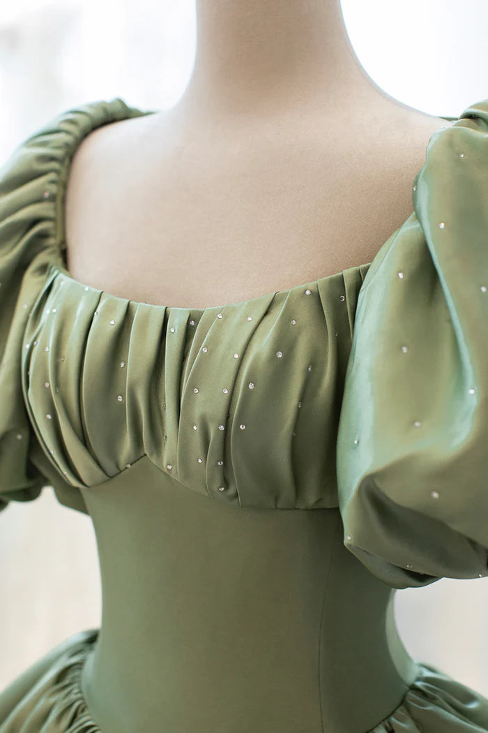 Green Satin Puff Sleeves Long Unique Design Full Of Charm Party Dresses